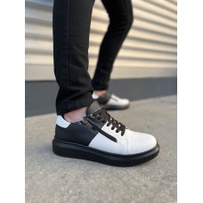 JY155 Warrior Bağcıklı ve Fermuarlı Cilt Erkek Günlük Sneaker Ayakkabı CST - Siyah/Beyaz