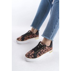 MINA Bağcıklı Ortopedik Taban Leopar Desenli Kadın Sneaker Spor Ayakkabı  TBT - Kahverengi