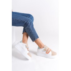 VALENCIA Bağcıksız Cırt Cırtlı Ortopedik Taban Kadın Sneaker Spor Ayakkabı CBT - Beyaz/Ten/Mavi