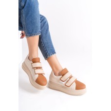 VALENCIA Bağcıksız Cırt Cırtlı Ortopedik Taban Kadın Sneaker Spor Ayakkabı CTT - Ten/Kahve